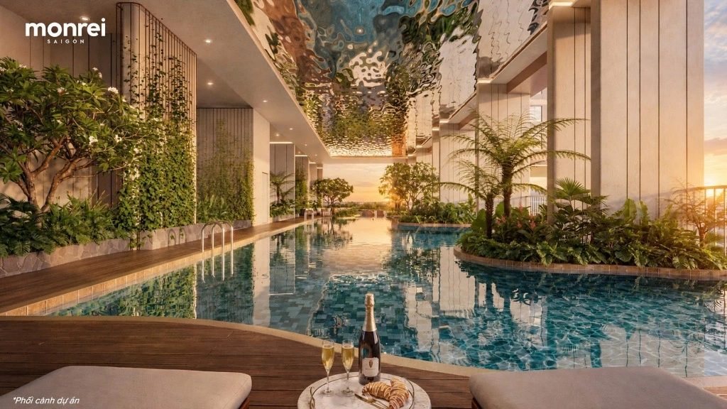 Hồ bơi trong nhà lãng mạn lúc hoàng hôn