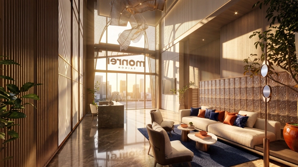 Sảnh đón Lobby Monrei Saigon sang trọng và ngập tràn ánh sáng